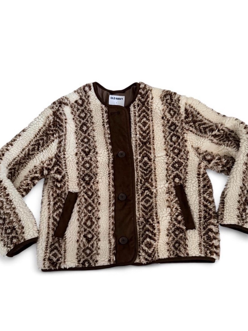 Old Navy Plush Patterned Sherpa Jacket - Cream & Brown